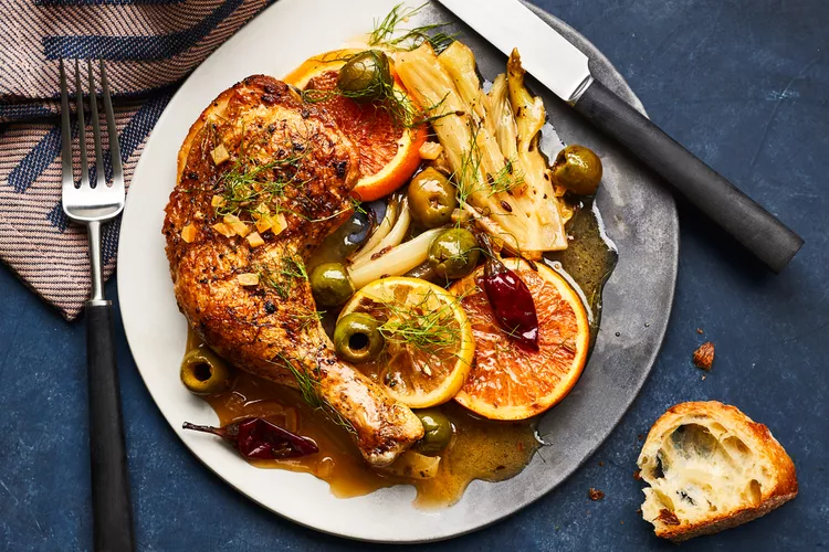 roast chicken leg with citrus and fennel