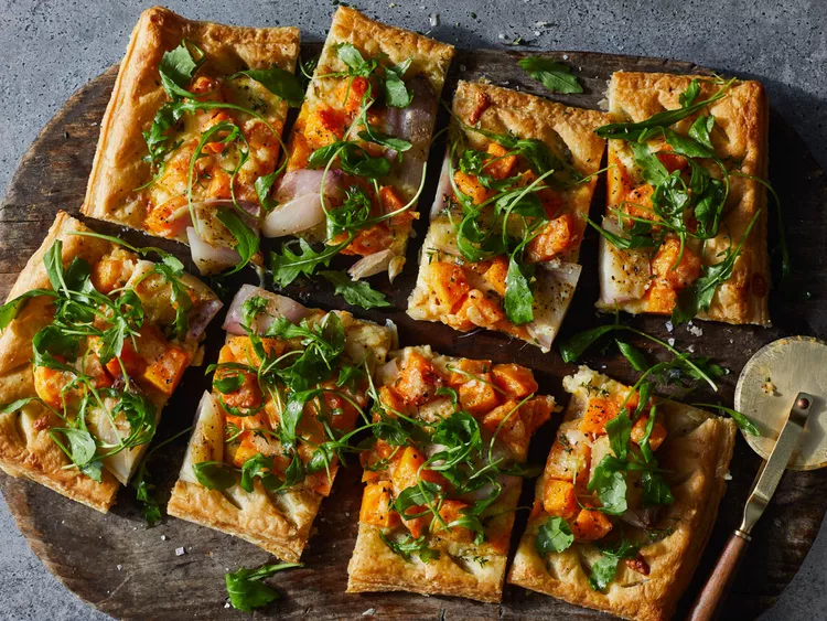 tart with cheese, shallots, and butternut squash